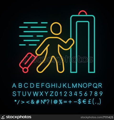 Express entry neon light icon. Passenger passing x-ray check at airport. Body scan machine. Express path facility. Glowing sign with alphabet, numbers and symbols. Vector isolated illustration