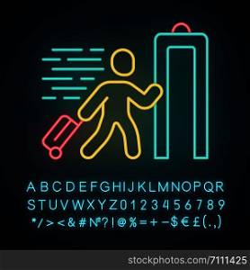 Express entry neon light icon. Passenger passing x-ray check at airport. Body scan machine. Express path facility. Glowing sign with alphabet, numbers and symbols. Vector isolated illustration