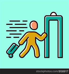 Express entry yellow color icon. Passenger passing x-ray check at airport. Security check. Body scan machine. Customs inspection. Express path facility. Isolated vector illustration