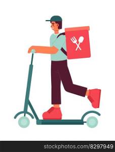 Express food delivery service worker on e scooter semi flat colorful vector character. Editable full body person on white. Simple cartoon spot illustration for web graphic design and animation. Express food delivery service worker on e scooter semi flat colorful vector character