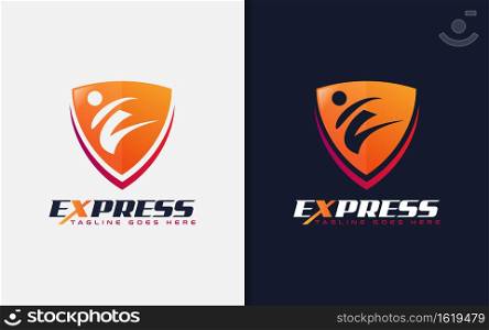 Express Logo Design. The Pose of the Man Who Moves Fast, Encased in a Shield. Vector Logo Illustration. Graphic Design Element.