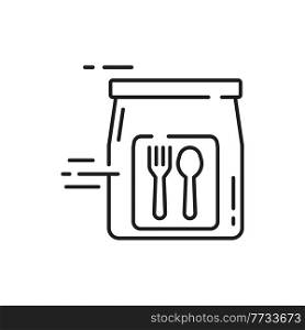 Express lunch delivery icon, bag with hot dinner with spoon and fork isolated outline line art icon. Vector cafe restaurant food deliver, fast online order and shipping services, takeaway takeout meal. Food delivery icon, lunch dinner in package box