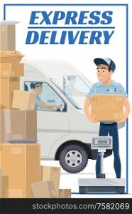 Express mail delivery, postage logistics and freight shipping service. Vector mailman on delivering parcel boxes from post office sorting center, postal courier van car transport. Mail post logistic, express delivery courier