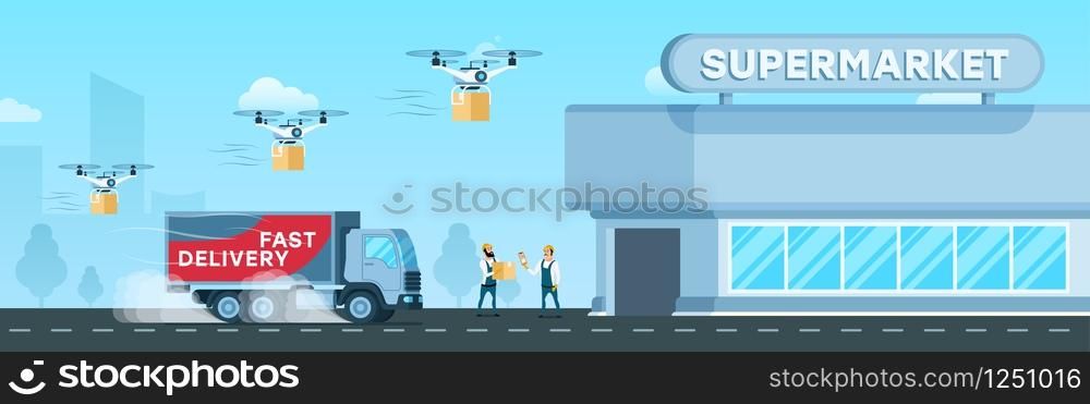 Express Truck, Air Drone Delivery to Supermarket. Flying Device and Fast Shipping Van Delivering Goods and Box to Modern Glass City Mall. Worker Checking Freight. Flat Cartoon Vector Illustration. Express Truck, Air Drone Delivery to Supermarket