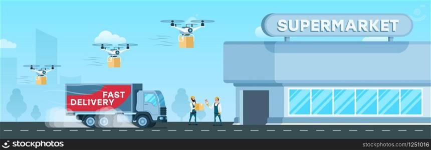 Express Truck, Air Drone Delivery to Supermarket. Flying Device and Fast Shipping Van Delivering Goods and Box to Modern Glass City Mall. Worker Checking Freight. Flat Cartoon Vector Illustration. Express Truck, Air Drone Delivery to Supermarket