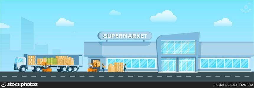 Express Truck Delivering Goods to Supermarket. Warehouse Delivery Freight, Box to Modern Glass City Mall. Storage Distribution. Worker Unload Package form Van. Flat Cartoon Vector Illustration. Express Truck Delivering Goods to Supermarket