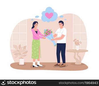 Expressing deep love 2D vector isolated illustration. Showing romantic feelings. Young man confessing love to girl flat characters on cartoon background. Congratulate on birthday colourful scene. Expressing deep love 2D vector isolated illustration