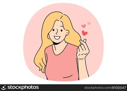 Expressing love and romance concept. Young positive girl feeling love and care in fingers and hands over pink air background vector illustration. Expressing love and romance concept.