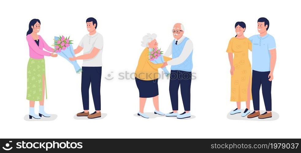 Expressing love with flowers semi flat color vector characters set. Full body people on white. Happy couples isolated modern cartoon style illustrations collection for graphic design and animation. Expressing love with flowers semi flat color vector characters set