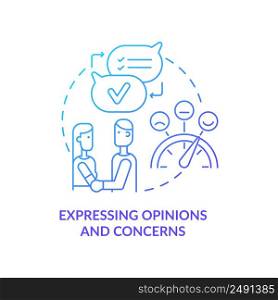 Expressing opinions and concerns blue gradient concept icon. Positive healthy relationships abstract idea thin line illustration. Isolated outline drawing. Myriad Pro-Bold font used. Expressing opinions and concerns blue gradient concept icon