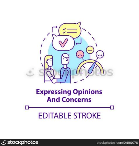 Expressing opinions and concerns concept icon. Positive healthy relationships abstract idea thin line illustration. Isolated outline drawing. Editable stroke. Arial, Myriad Pro-Bold fonts used. Expressing opinions and concerns concept icon