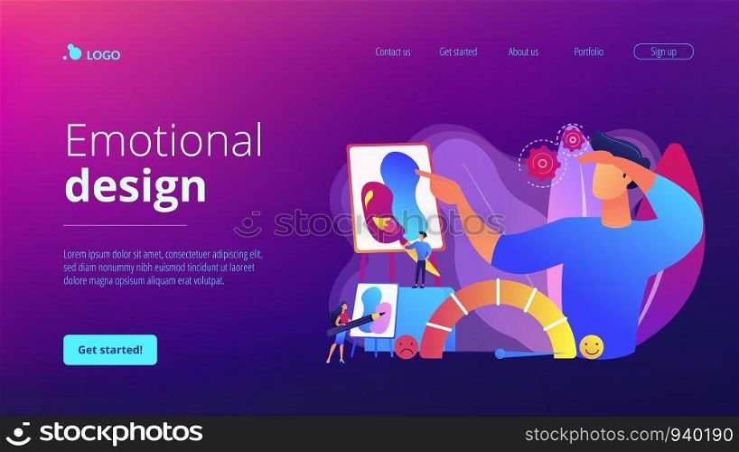 Expressing thoughts and feelings , satisfaction through art. Emotional design, user positive experience, design of client emotions concept. Website homepage landing web page template.. Emotional design concept landing page
