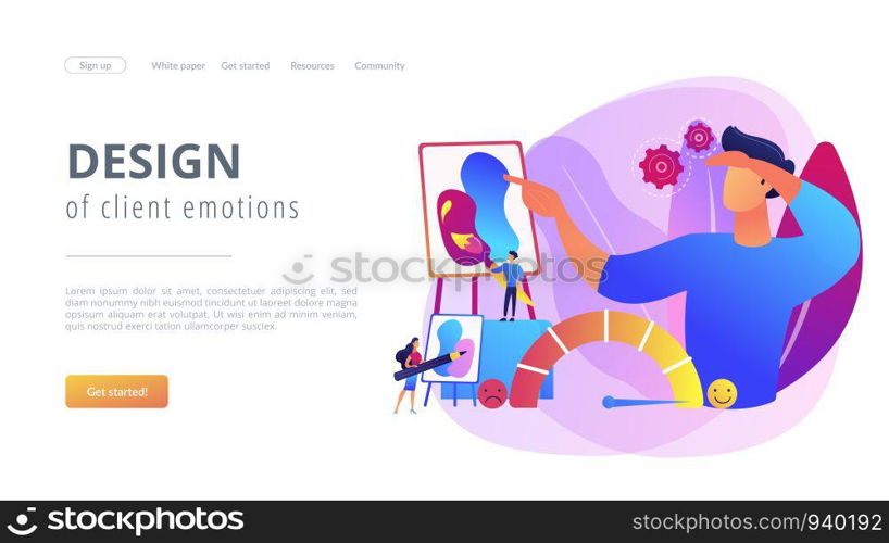 Expressing thoughts and feelings , satisfaction through art. Emotional design, user positive experience, design of client emotions concept. Website homepage landing web page template.. Emotional design concept landing page