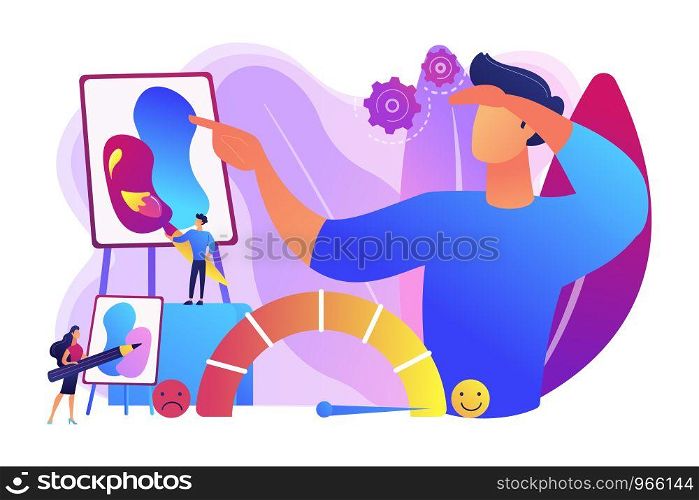 Expressing thoughts and feelings , satisfaction through art. Emotional design, user positive experience, design of client emotions concept. Bright vibrant violet vector isolated illustration. Emotional design concept vector illustration