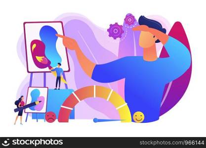 Expressing thoughts and feelings , satisfaction through art. Emotional design, user positive experience, design of client emotions concept. Bright vibrant violet vector isolated illustration. Emotional design concept vector illustration