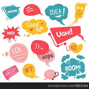 Expression of emotions in social media, isolated stickers and emoji with text. Hello and lol, idea and ugh, boom and oops. Communication in web, online chatting and talking. Vector in flat style. Stickers in social media, expression of emotions