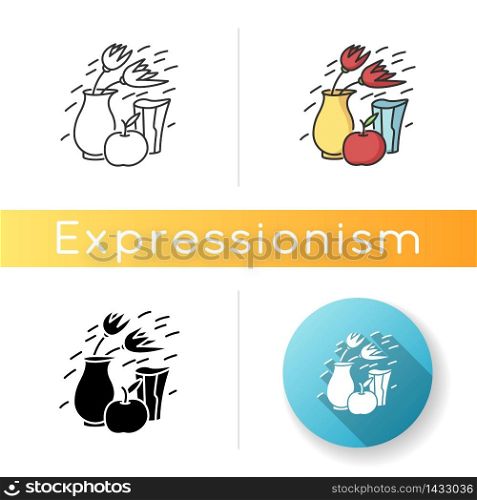 Expressionism icon. Vase and fruit composition. 20th century german cultural movement. Still life abstract dynamic painting. Linear black and RGB color styles. Isolated vector illustrations. Expressionism icon