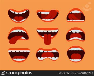 Expressive cartoon human mouth with tongue and teeth. Vector set for making character faces. Illustration of mouth and tongue, expression cartoon and emotion. Expressive cartoon human mouth with tongue and teeth. Vector set for making character faces