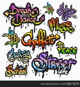 Expressive collection of graffiti urban youth art individual words digital spray paint creator grunge isolated vector illustration