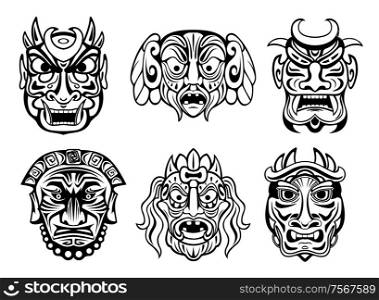 Expressive religious masks in tribal style isolated on white. For religion,tattoo and historical design