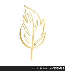 Exquisite golden decorative bird feather isolated vector illustration. Gold boho element. Beautiful decoration for design. Exquisite golden decorative bird feather isolated vector illustration