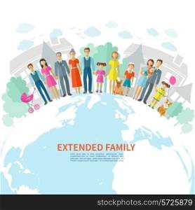 Extended family poster with flat men women children and pets on globe vector illustration
