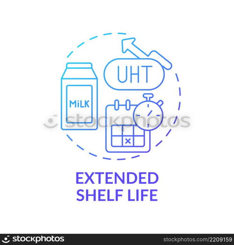 Extended shelf life blue gradient concept icon. Ultra pasteurization. Advantages of UHT milk abstract idea thin line illustration. Isolated outline drawing. Myriad Pro-Bold fonts used. Extended shelf life blue gradient concept icon