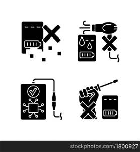 Extending power bank life black glyph manual label icons set on white space. Battery recycling. Intelligent recognition. Silhouette symbols. Vector isolated illustration for product use instructions. Extending power bank life black glyph manual label icons set on white space