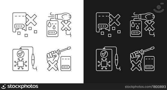 Extending power bank life linear manual label icons set for dark and light mode. Customizable thin line symbols. Isolated vector outline illustrations for product use instructions. Editable stroke. Extending power bank life linear manual label icons set for dark and light mode