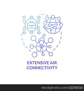 Extensive air connectivity blue gradient concept icon. Network connectivity abstract idea thin line illustration. Business travel. Isolated outline drawing. Roboto-Medium, Myriad Pro-Bold fonts used. Extensive air connectivity blue gradient concept icon