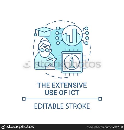 Extensive use of ict blue concept icon. Use of digital devices in daily life abstract idea thin line illustration. Information and communication.Vector isolated outline color drawing. Editable stroke. Extensive use of ict blue concept icon