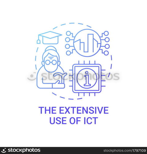 Extensive use of ict gradient blue concept icon. Ict in urban life abstract idea thin line illustration. Information and communication technology. Vector isolated outline color drawing.. Extensive use of ict gradient blue concept icon