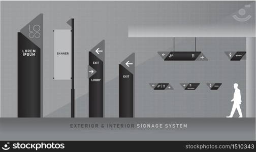 exterior and interior signage blue graphic. direction, pole, wall mount and traffic signage system design template set. empty space for logo, text, color corporate identity