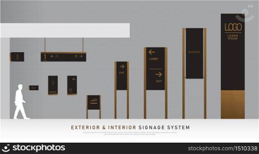 exterior and interior signage wooden concept. direction, pole, wall mount and traffic signage system design template set. empty space for logo, text, black and wood corporate identity