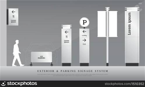 exterior and parking signage. directional, pole, and traffic signage system design template set. empty space for logo, text corporate identity