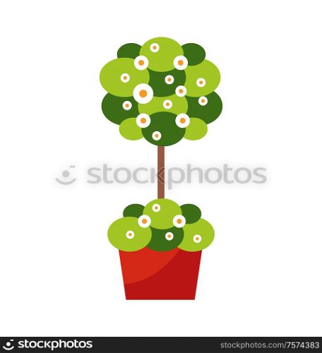 Exterior design decoration outdoor plant in pot vector. Flower or blooming bush, greenery and vegetation, floral decor, botanical element isolated object. Outdoor Plant in Pot, Exterior Design Decoration