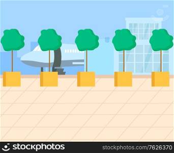 Exterior of airport. Modern glass building of airport with aerodrome and surrounding area. Runway with plane . Air travelling concept vector illustration. Flat cartoon. Airport Building, Plane on Runway Vector Image
