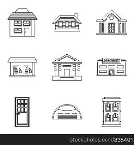 Exterior of building icons set. Outline set of 9 exterior of building vector icons for web isolated on white background. Exterior of building icons set, outline style