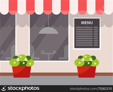 Exterior of cafe, outdoor view. Restaurant decorated plants in pot, hanging menu on wall, panoramic windows. Shadow of tables and lamps inside vector. Exterior of Cafe, Flower in Pot, Menu Vector