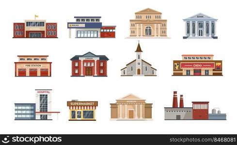 Exterior of city buildings flat vector illustrations set. Modern facades of town hall, museum, fire and police station, hospital, school isolated on white background. Government, architecture concept