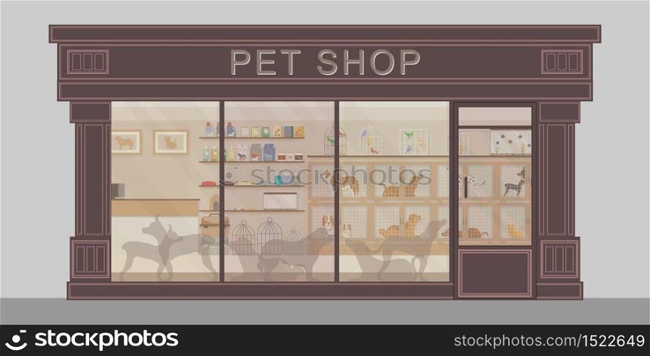 Exterior of modern pet shop with cages of animal, animal health care conceptual vector illustration.