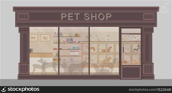Exterior of modern pet shop with cages of animal, animal health care conceptual vector illustration.
