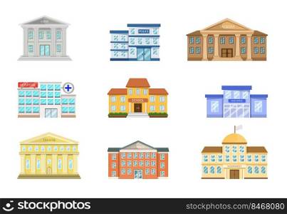 Exterior of museum, hospital, police station, post office, government, bank, school, theatre, university. City, town halls cartoon vector illustration set. House construction, building facade concept