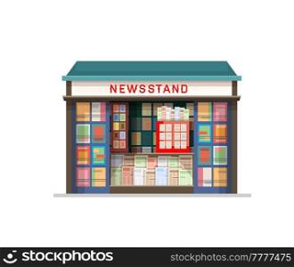 Exterior of newsstand building, shop or kiosk with newspapers, vector. Street press and news or business magazines stall, bookshop or paper store stand or tobacconist and ticket booth pavilion box. Newsstand building, newspapers kiosk or shop