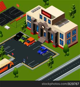 Exterior of school. Territory of institute or high school with stadium. Isometric building school and college, education territory. Vector illustration. Exterior of school. Territory of institute or high school with stadium