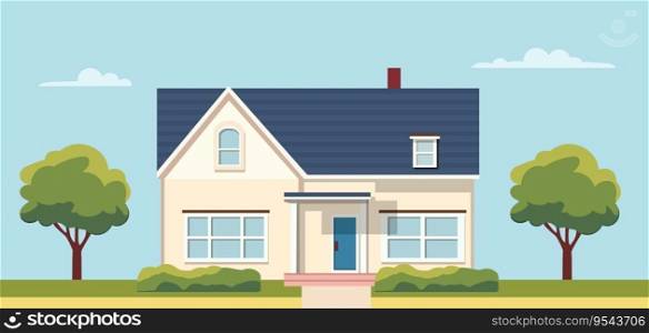 Exterior of the residential house, front view. Modern house on a street in summer in flat style. House for sale. Vector stock