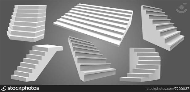 Exterior realistic stairs. Architectural home staircase, modern stairway. Ladders, architectural staircases isolated vector illustration set. Stair interior exterior, staircase architecture for home. Exterior realistic stairs. Architectural home staircase, modern stairway. Ladders, architectural staircases isolated vector illustration set
