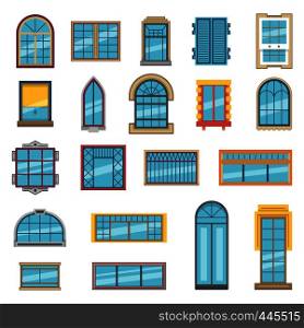 Exterior set of different plastic or wooden windows for apartment. Collection of window frame interior plastic for apartment room, vector illustration. Exterior set of different plastic or wooden windows for apartment