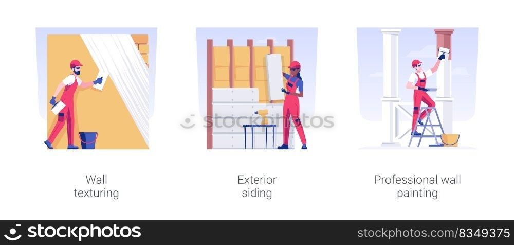 Exterior works in private house building isolated concept vector illustration set. Wall texturing, exterior siding, professional facade wall painting, residential construction vector cartoon.. Exterior works in private house building isolated concept vector illustrations.