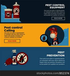 Extermination pest control service banners template design of sanitary domestic exterminate disinfection equipment. Vector disinfectant toxic poison spray for rodent mouse rat and cockroach insects. Extermination pest control service banners template design of sanitary domestic exterminate disinfection equipment.
